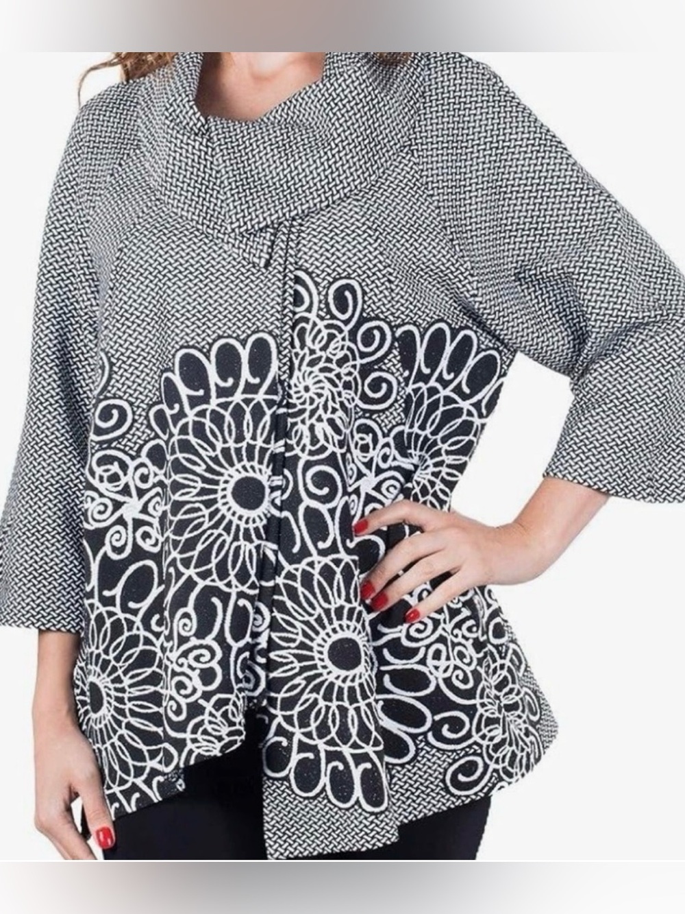 Joseph Ribkoff Black & White Floral Cowl Neck Jacket Size 12